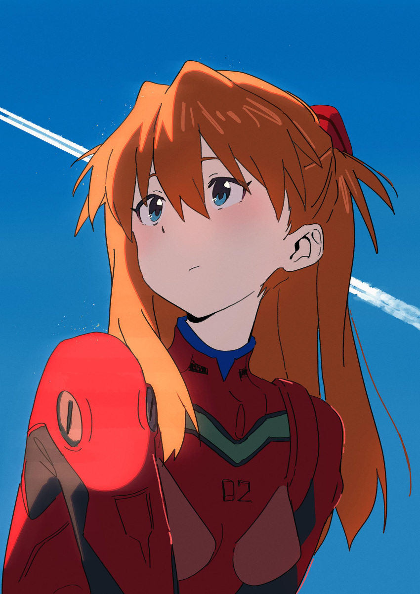 1girl absurdres blue_background blue_eyes blue_sky bodysuit closed_mouth commentary contrail expressionless hajikkoneko highres interface_headset long_hair neon_genesis_evangelion orange_hair plugsuit red_bodysuit sky solo souryuu_asuka_langley upper_body