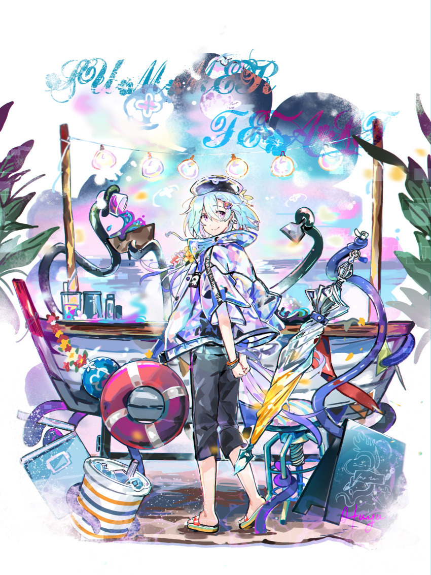 1boy absurdres arknights arms_behind_back black_shorts blue_headwear boat bracelet closed_mouth cup disposable_cup highres holding holding_umbrella jacket jewelry looking_at_viewer male_focus menu_board mizuki_(arknights) mizuki_(summer_feast)_(arknights) purple_eyes sandals see-through see-through_jacket shorts smile solo tentacles umbrella watercraft wed_(lim38869577)