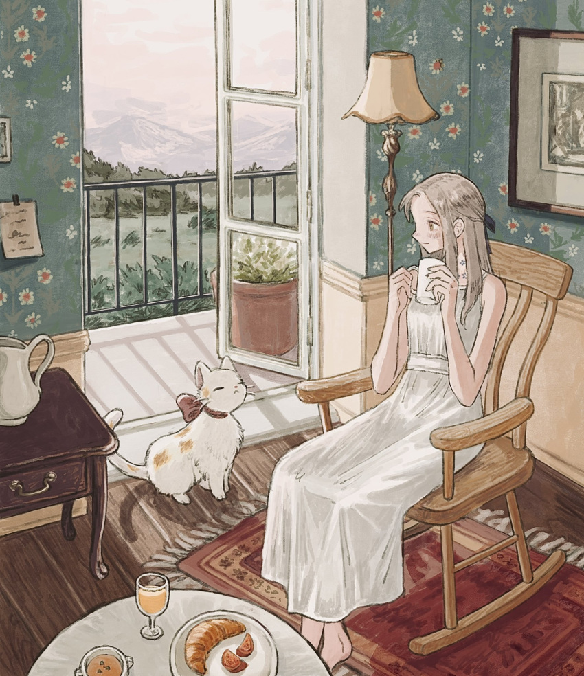 1girl blonde_hair brown_eyes carpet cat chair closed_eyes closed_mouth croissant cup dress eokaku_surimi food full_body highres holding holding_cup indoors lamp long_hair original picture_frame plant plate potted_plant sitting sleeveless sleeveless_dress smile solo table white_dress wooden_floor