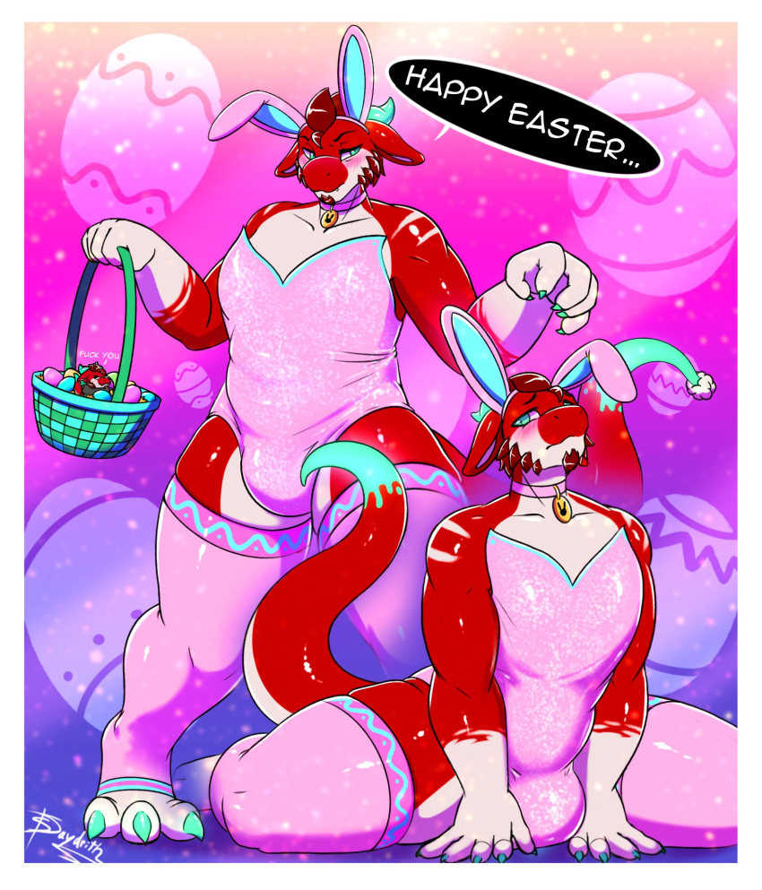 2023 anthro basket biped blush bulge clothing container digital_media_(artwork) dragon easter fake_ears fake_rabbit_ears green_eyes hi_res holidays legwear male pink_clothing pink_legwear pink_thigh_highs red_body solo thescarletdragon1 thigh_highs white_body