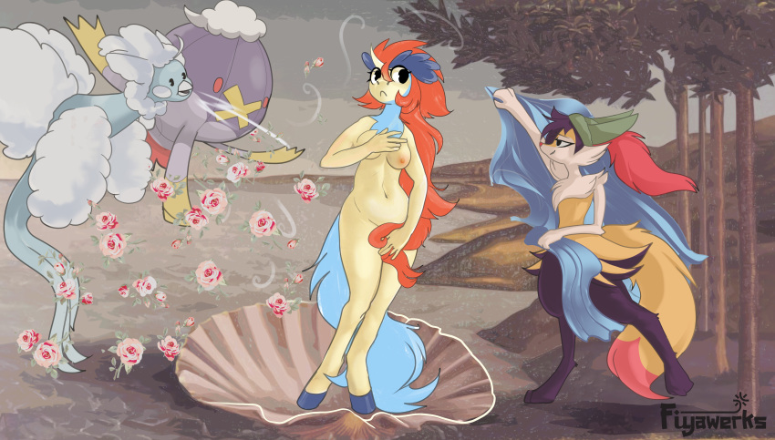 absurd_res altaria anthro belly birth_of_venus braixen breasts canid canine drifblim embarrassed equid equine female feral fiya fiyawerks flower fox generation_3_pokemon generation_4_pokemon generation_5_pokemon generation_6_pokemon group hi_res horse invalid_tag keldeo keldia legendary_pokemon mammal mythology navel nintendo nude nudity_shame painting plant pokemon pokemon_(species) shell water wind