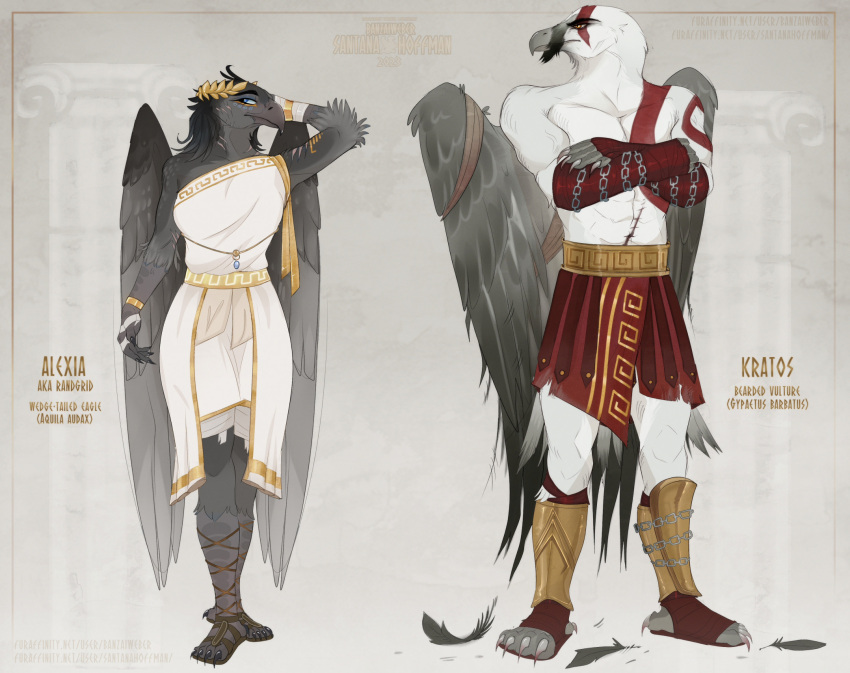 2023 anthro artist_name avian beak blue_eyes brown_eyes chain clothed clothing crossed_arms dated duo feathers female front_view grey_beak grey_body grey_feathers hand_behind_back hi_res male markings mouth_closed red_clothing red_markings santanahoffman scar standing white_body white_clothing