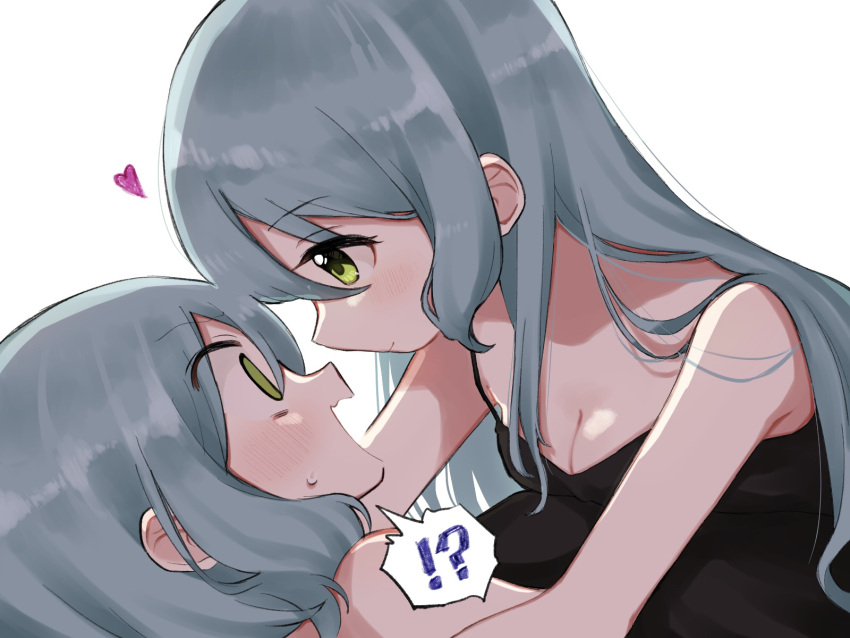 !? 2girls aqua_hair bang_dream! breast_press girl_on_top green_eyes heart highres hikawa_hina hikawa_sayo imminent_kiss incest kio_(bangskosko) long_hair medium_hair multiple_girls siblings sisters surprised twincest twins white_background yuri