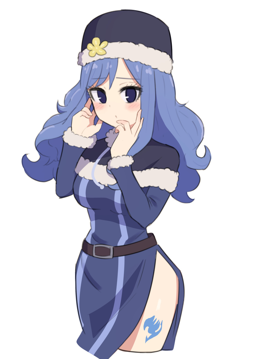 1girl absurdres belt black_belt black_headwear blue_eyes blue_hair blush breasts capelet cropped_legs fairy_tail fur-trimmed_capelet fur_trim hands_up highres juvia_lockser large_breasts leg_tattoo long_hair long_sleeves looking_at_viewer nagumo_uka simple_background solo tattoo white_background