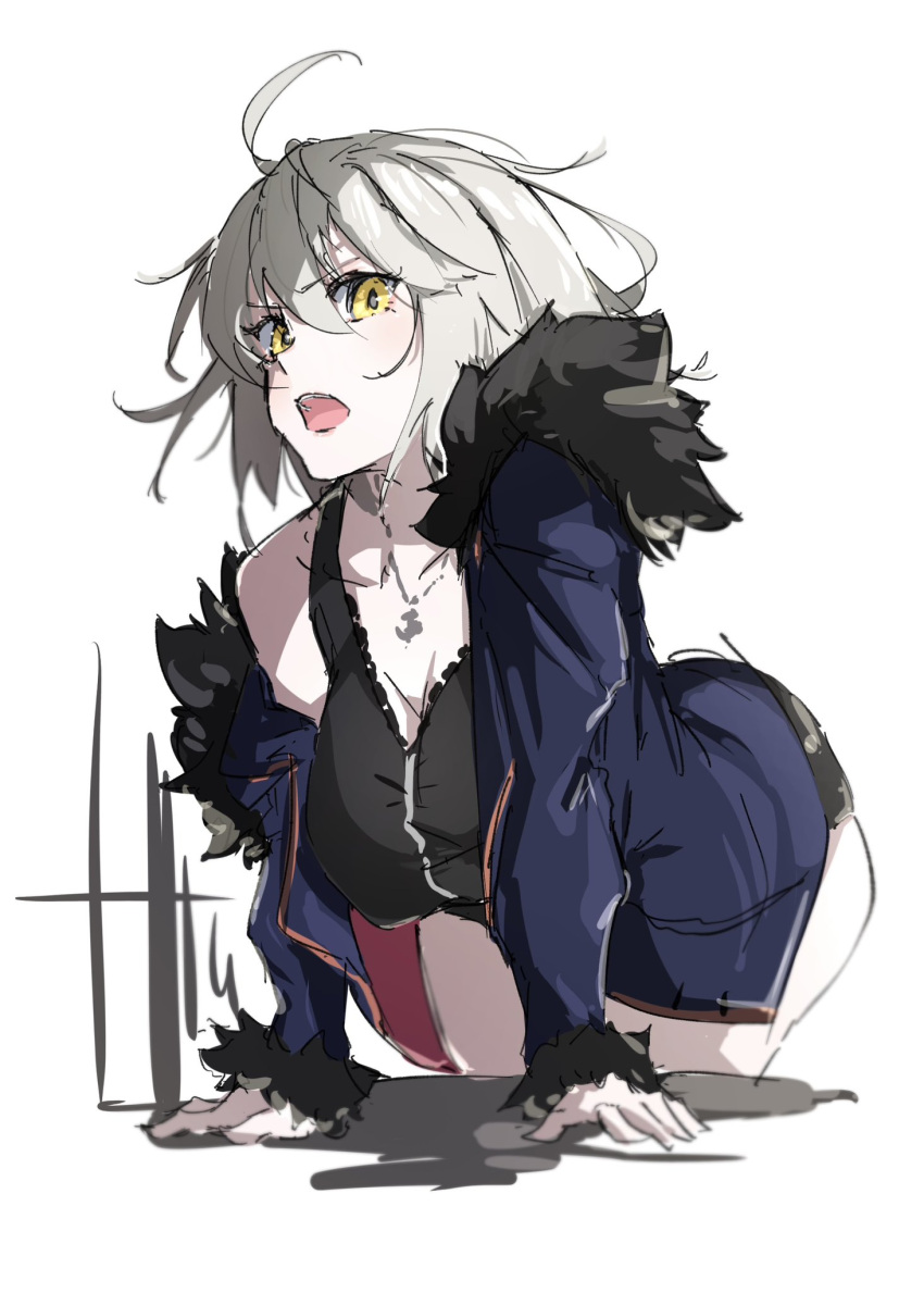 1girl ahoge black_jacket blush breasts cleavage coat collarbone commentary_request dress fate/grand_order fate_(series) fur-trimmed_coat fur-trimmed_jacket fur_trim hair_between_eyes highres jacket jeanne_d'arc_alter_(avenger)_(fate) jeanne_d'arc_alter_(fate) jeanne_d'arc_alter_(ver._shinjuku_1999)_(fate) jewelry large_breasts leaning_forward looking_at_viewer medium_breasts necklace off_shoulder official_alternate_costume open_clothes open_jacket open_mouth ri_o_ne_su short_hair shorts simple_background sketch solo teeth upper_teeth_only white_background white_hair yellow_eyes