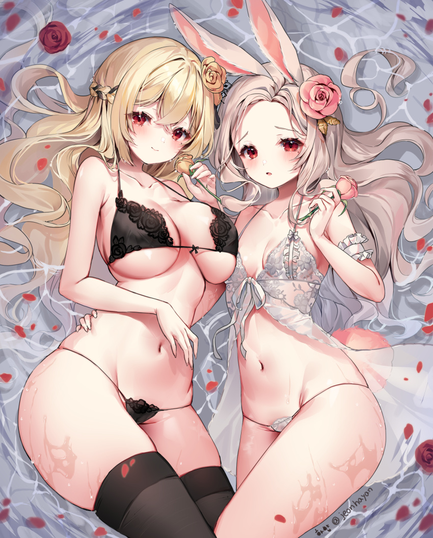 2girls animal_ears babydoll bare_shoulders black_bra black_panties black_thighhighs blonde_hair bra braid breasts caustics cleavage commission cream_(cream) flower forehead front-tie_bra front-tie_top hair_flower hair_ornament halterneck highres holding large_breasts long_hair looking_at_viewer lying mole mole_under_eye multiple_girls navel on_back open_mouth original panties parted_bangs rabbit_ears red_eyes rose second-party_source see-through shiro_albino skindentation small_breasts smile stomach strap_gap string_bra string_panties thighhighs thighs underwear very_long_hair water white_babydoll white_hair