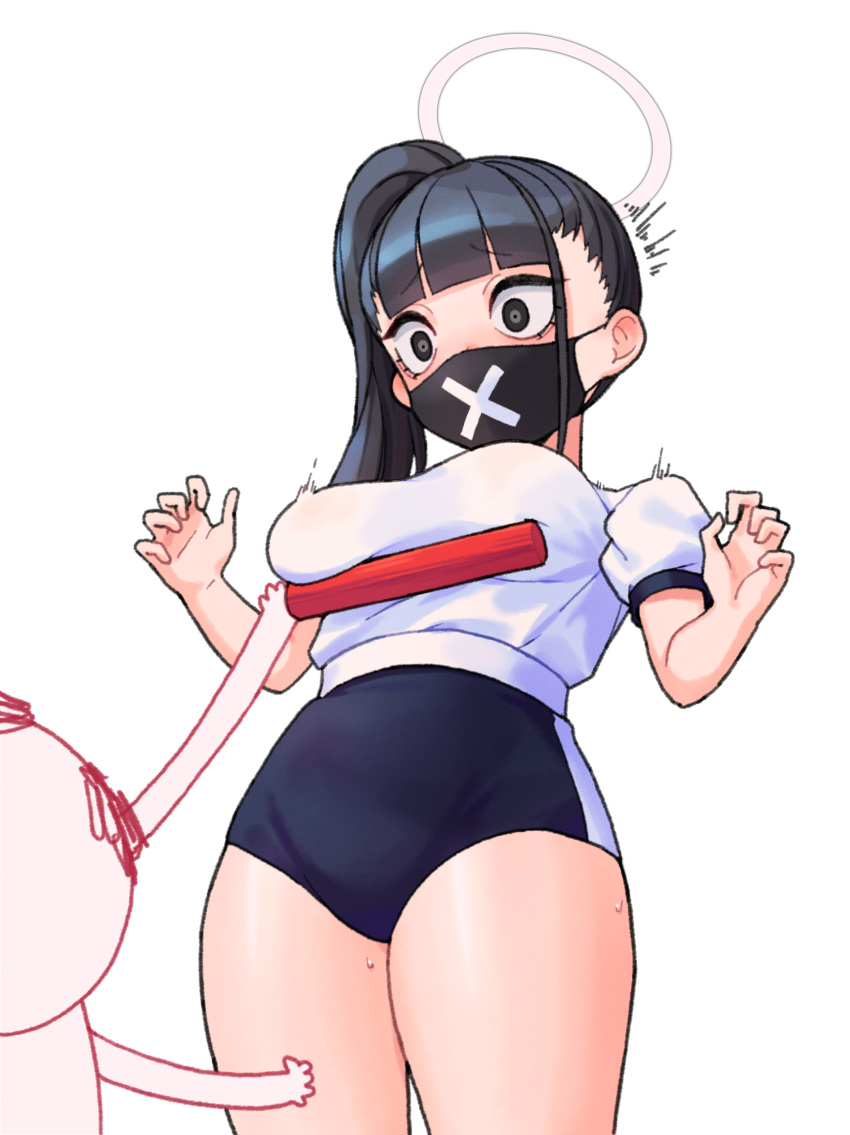 1girl 1other arona's_sensei_doodle_(blue_archive) black_hair black_mask blue_archive blush breasts buruma chuo8008 from_below gym_shirt gym_uniform halo highres large_breasts relay_baton sensei_(blue_archive) shirt side_ponytail simple_background sukeban_(smg)_(blue_archive) surprised sweatdrop trembling white_background wide-eyed x