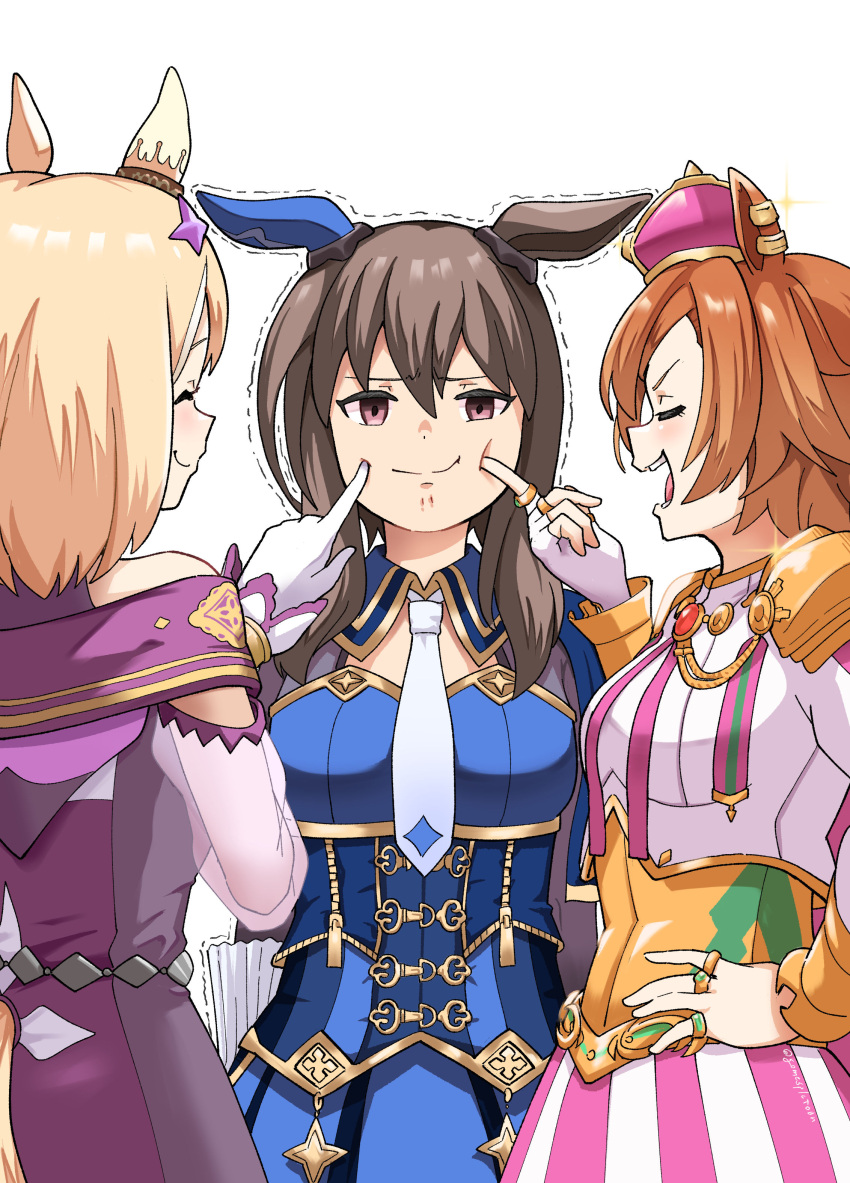 3girls ^_^ absurdres admire_vega_(umamusume) animal_ears armor bird blonde_hair bodice breasts brown_hair cheek_poking cleavage_cutout closed_eyes closed_mouth clothing_cutout corset crow ear_piercing ears_down furrowed_brow glint gloves gomesu_(gomes0343) hand_on_own_hip highres horse_ears horse_girl horse_tail index_finger_raised jacket jewelry long_hair looking_at_viewer multiple_girls multiple_rings narita_top_road_(umamusume) necktie open_mouth orange_hair piercing pink_eyes poking purple_jacket ring see-through see-through_sleeves shirt short_hair shoulder_armor simple_background skirt small_breasts smile t.m._opera_o_(umamusume) tail trembling twitter_username umamusume umamusume:_road_to_the_top upper_body white_background white_gloves white_necktie white_shirt