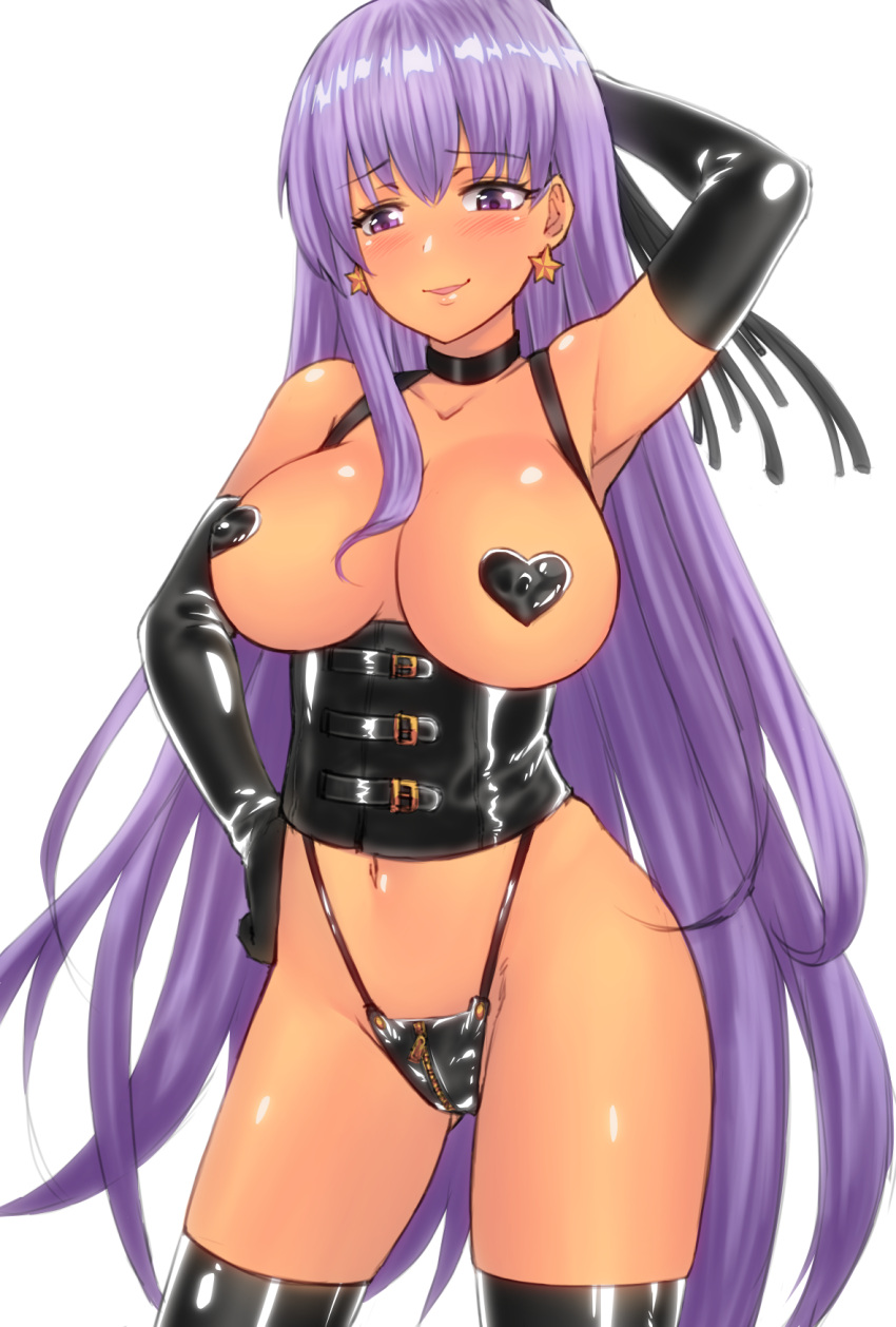 1girl arm_behind_head arm_up bb_(fate) bb_(swimsuit_mooncancer)_(fate) black_gloves black_panties black_thighhighs breasts cat_o'_nine_tails earrings elbow_gloves fate/grand_order fate_(series) front_zipper gloves hand_on_own_hip heart_pasties highres holding holding_whip jewelry large_breasts latex latex_gloves latex_panties latex_thighhighs long_hair moriya1707 navel panties pasties purple_eyes purple_hair smile solo star_(symbol) star_earrings tan thighhighs underbust underwear very_long_hair whip zipper_panties