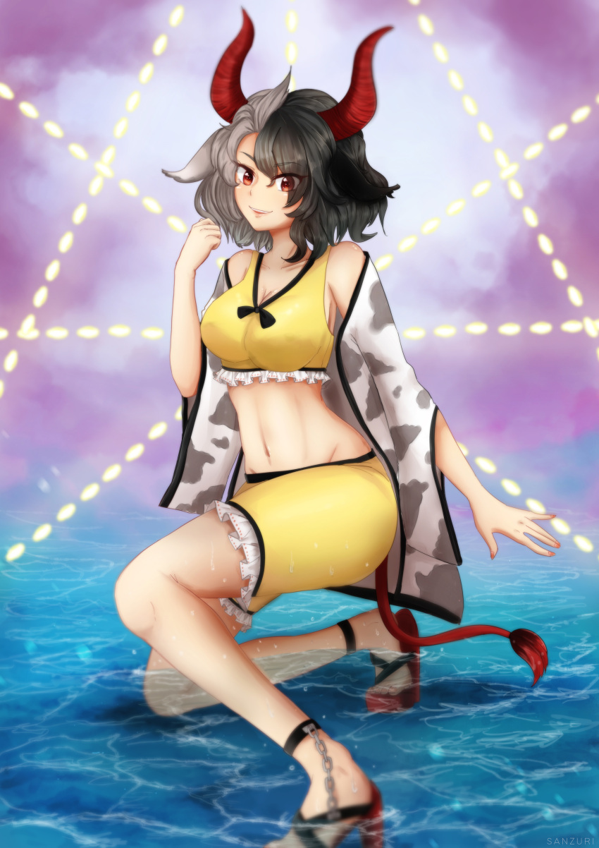 1girl absurdres animal_ears animal_print bare_shoulders cow_ears cow_girl cow_print cow_tail crop_top fog highres horns multicolored_background multicolored_hair purple_background red_eyes red_horns sanzuri short_hair smile solo tail touhou two-tone_hair ushizaki_urumi water wide_sleeves wily_beast_and_weakest_creature