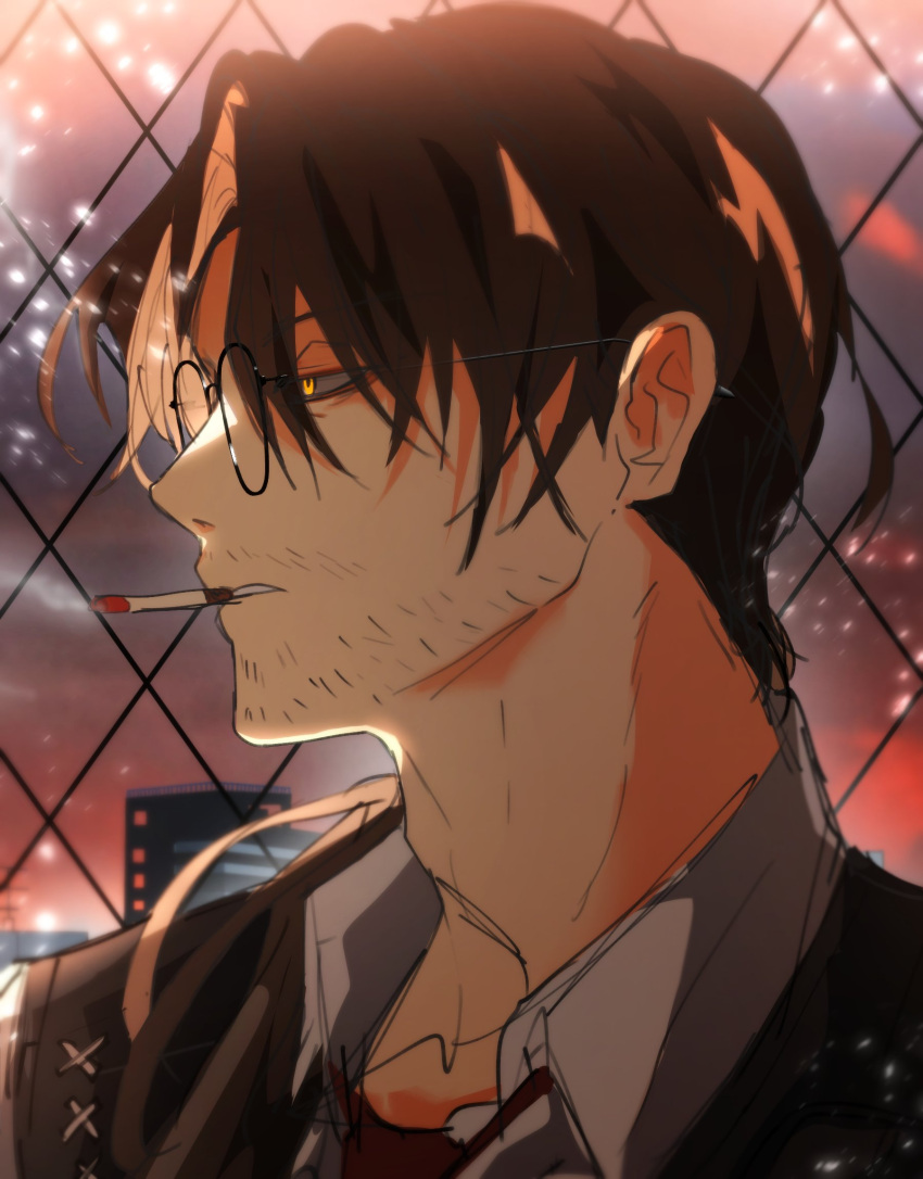 1boy brown_hair cigarette city cityscape facial_hair fence from_side glasses gregor_(limbus_company) highres limbus_company lordnell_r18 male_focus necktie profile project_moon shirt smoke smoking solo stubble vest white_shirt yellow_eyes