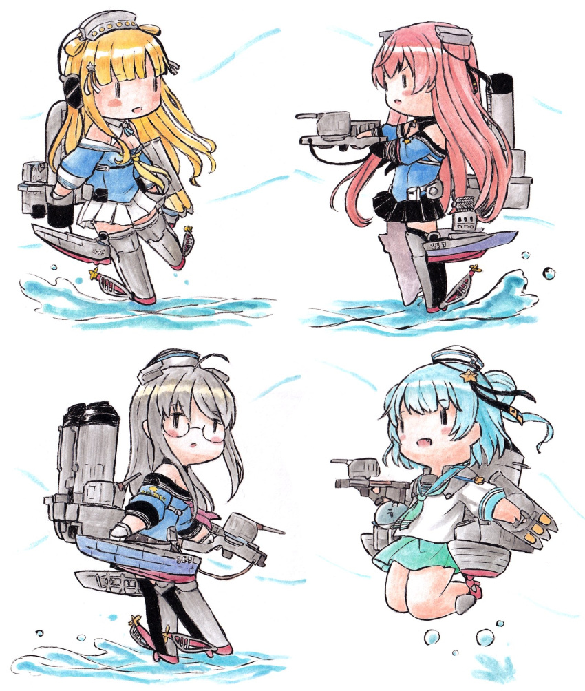 ahoge aqua_hair black_skirt blonde_hair brown_hair chibi dixie_cup_hat double_bun fang fletcher_(kancolle) glasses gloves grey_hair hair_bun hair_ornament hair_ribbon hat heywood_l._edwards_(kancolle) highres johnston_(kancolle) kantai_collection long_hair military_hat multiple_girls neckerchief open_mouth parted_lips pleated_skirt poipoi_purin ribbon rigging rudder_footwear sailor_collar samuel_b._roberts_(kancolle) school_uniform serafuku skirt star_(symbol) star_hair_ornament thighhighs turret very_long_hair water white_gloves white_headwear white_skirt