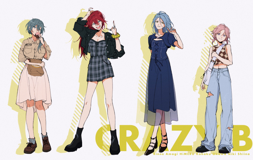 4girls :d \m/ amagi_rinne arm_up bag bare_shoulders black_footwear black_jacket blue_dress blue_eyes blue_hair blue_pants boots breast_pocket breasts brown_footwear brown_shirt buttons character_name checkered_clothes checkered_shirt closed_mouth collarbone collared_shirt commentary_request crazy_b_(ensemble_stars!) crop_top cropped_jacket denim doughnut dress earrings eating ensemble_stars! food food_in_mouth genderswap genderswap_(mtf) grey_dress grey_hair grey_socks hair_between_eyes hair_over_shoulder hand_up head_tilt high_heels highres himeru_(ensemble_stars!) holding holding_bag jacket jeans jewelry large_breasts long_hair looking_at_viewer low_twintails medium_breasts medium_hair mochiko_(zy) multiple_girls multiple_rings open_clothes open_jacket open_mouth oukawa_kohaku pants parted_bangs parted_lips pink_hair plaid plaid_dress pleated_skirt pocket ponytail purple_eyes red_hair ring scrunchie see-through see-through_dress shadow shiina_niki shirt shoes short_sleeves short_twintails shoulder_bag sidelocks simple_background skirt sleeveless sleeveless_shirt sleeves_past_elbows smile socks standing strapless strapless_dress strappy_heels teeth torn_clothes torn_pants twintails upper_teeth_only white_background white_bag white_skirt wing_collar wrist_scrunchie yellow_eyes yellow_scrunchie