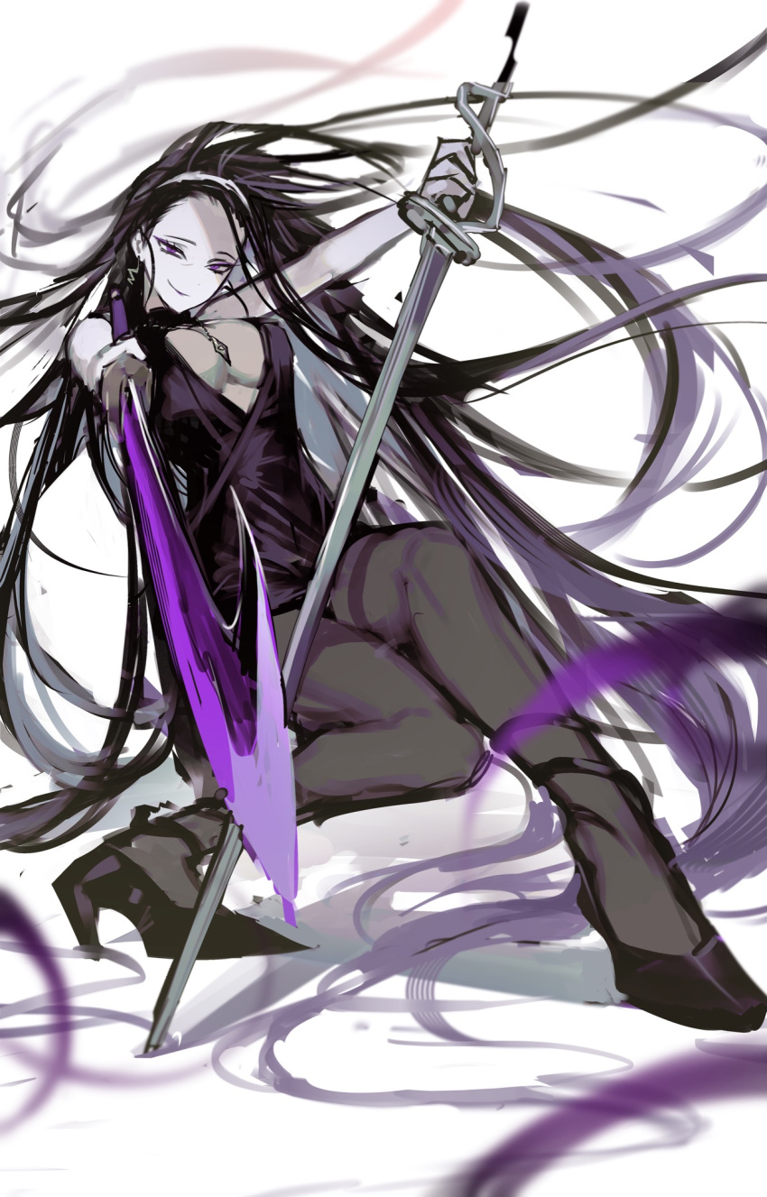 1girl black_footwear black_hair black_pantyhose breasts cleavage dress hairband high_heels highres holding holding_sword holding_weapon iori_(project_moon) large_breasts library_of_ruina long_hair looking_at_viewer pantyhose pointing pointing_at_viewer project_moon purple_dress purple_eyes remsrar shoes simple_background sitting sleeveless sleeveless_dress smile sword very_long_hair weapon white_background white_hairband