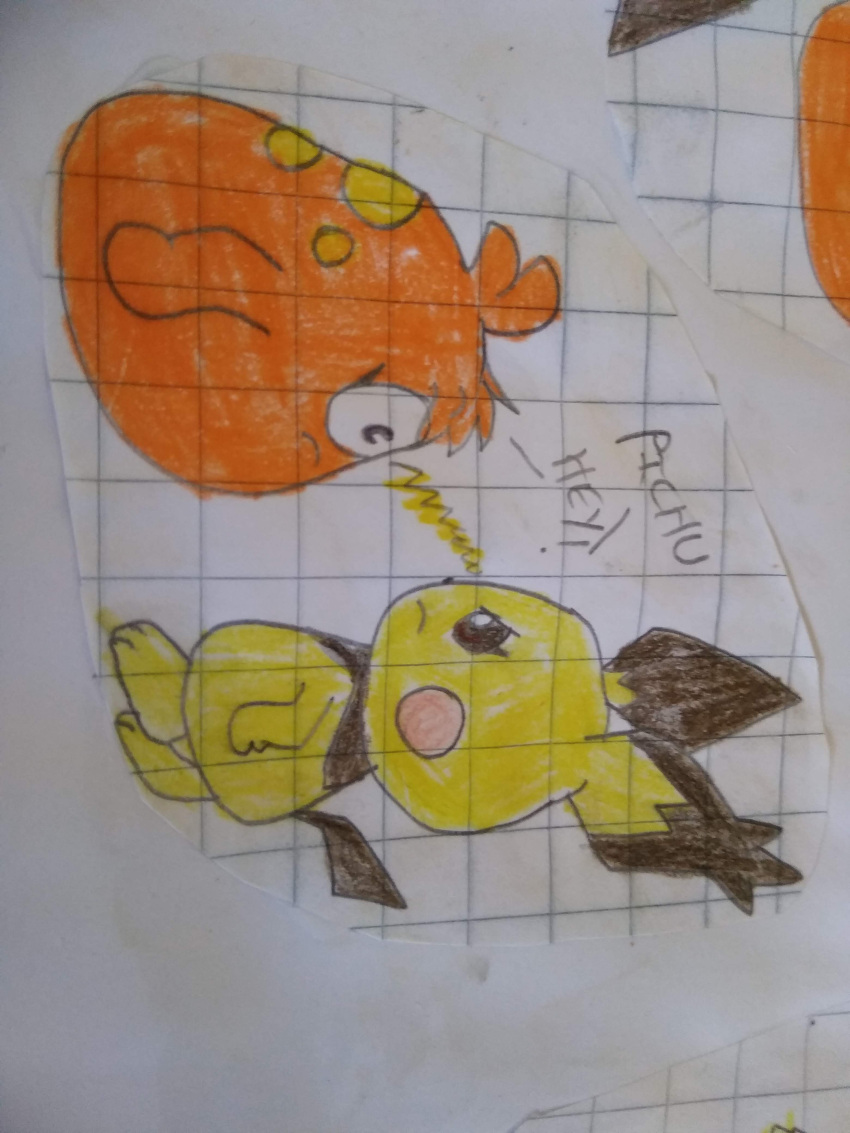 &gt;:( absurdres angry animal_focus battle blob colored_skin exif_rotation fighting highres no_humans non-web_source orange_skin pichu pitch_and_potch pokemon potchina_the_blob sketch spiky-eared_pichu v-shaped_eyebrows yellow_skin