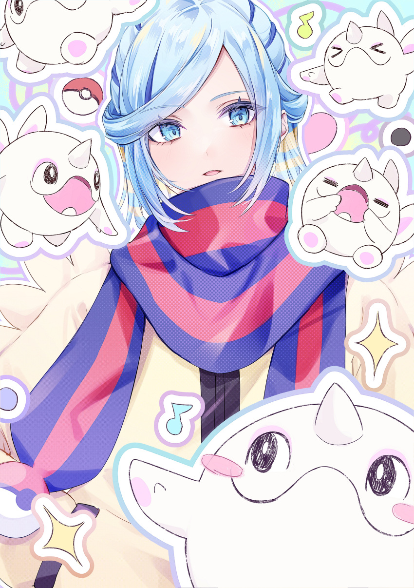 1boy absurdres aqua_eyes blue_hair blush cetoddle commentary eyelashes grusha_(pokemon) highres jacket looking_at_viewer male_focus megupi musical_note open_mouth poke_ball poke_ball_(basic) poke_ball_print pokemon pokemon_(creature) pokemon_(game) pokemon_sv scarf smile sparkle striped striped_scarf symbol-only_commentary upper_body yellow_jacket