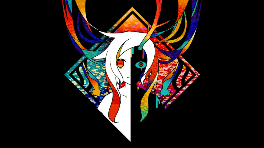 1girl antlers black_background closed_mouth collarbone colorful floating_hair heterochromia highres horizontal_pupils looking_at_viewer machigami_yoh mismatched_pupils multicolored_hair original outside_border single_antler smile solo split_theme straight-on upper_body
