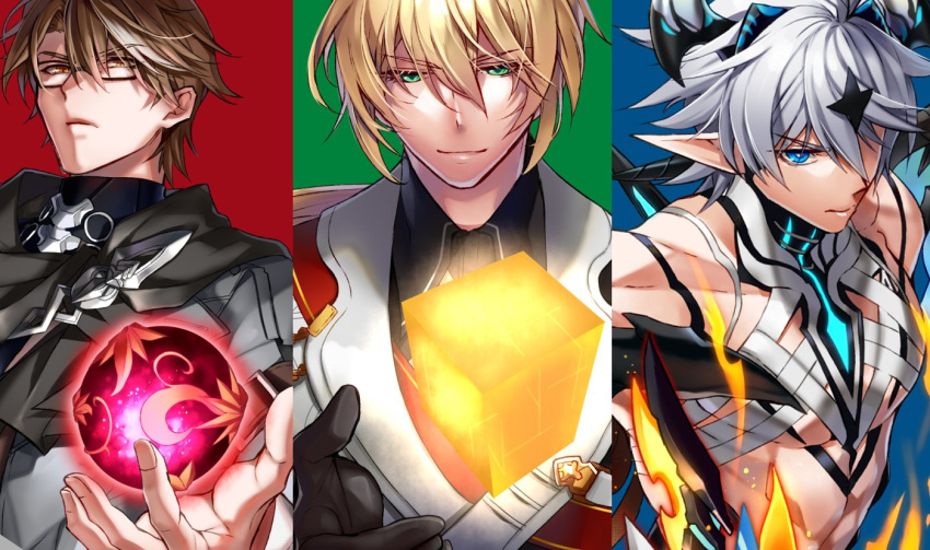 3boys alternate_form black_gloves blue_eyes brown_hair closed_mouth diabolic_kevin_(honkai_impact) glasses gloves green_eyes hair_between_eyes hair_ornament holding holding_sword holding_weapon honkai_(series) honkai_impact_3rd horns kaneaki_mukku kevin_kaslana male_focus multiple_boys open_hand orb otto_apocalypse pointy_ears short_hair simple_background star_(symbol) star_hair_ornament sword upper_body weapon welt_yang white_hair