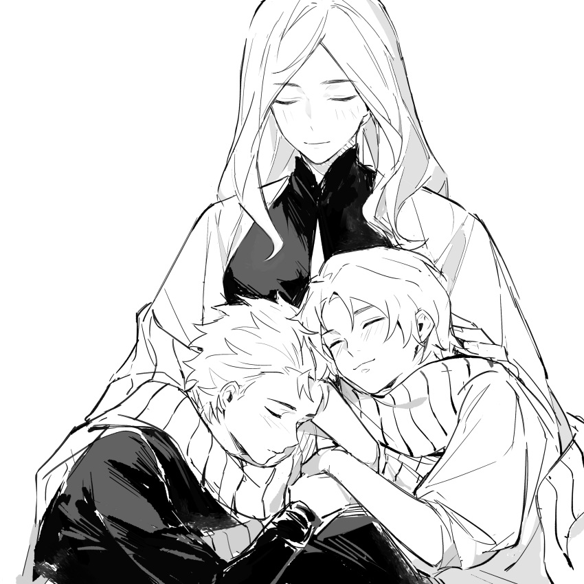 1girl 2boys absurdres child closed_eyes dante_(devil_may_cry) devil_may_cry_(series) eva_(devil_may_cry) highres mature_female mother_and_son multiple_boys scarf siblings sleeping twins vergil_(devil_may_cry) weibo_5474707894