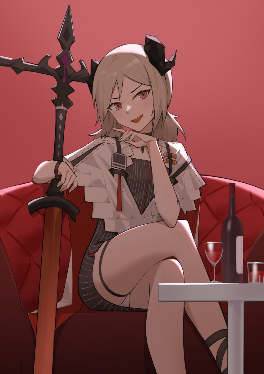 1girl :d absurdres arknights black_dress blonde_hair bottle cloak couch crossed_legs cup dress drinking_glass hand_up highres horns id_card ifrit_(arknights) ke'ai_qu_qu looking_at_viewer orange_eyes panties pantyshot red_background red_theme short_hair shot_glass sitting smile solo striped striped_dress sword table thigh_strap twintails underwear vertical-striped_dress vertical_stripes weapon white_cloak white_panties wine_bottle wine_glass
