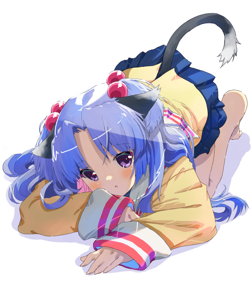 1girl absurdres akayama_yukihe animal_ears barefoot black_tail blue_hair blue_skirt blunt_ends blush cat_ears cat_girl cat_tail clannad commentary full_body hair_bobbles hair_ornament hair_spread_out head_tilt highres hikarizaka_private_high_school_uniform ichinose_kotomi jacket long_hair looking_at_viewer miniskirt parted_bangs parted_lips pleated_skirt purple_eyes sailor_collar school_uniform simple_background skirt sleeves_past_wrists solo tail tiptoes top-down_bottom-up two_side_up white_background white_sailor_collar yellow_jacket