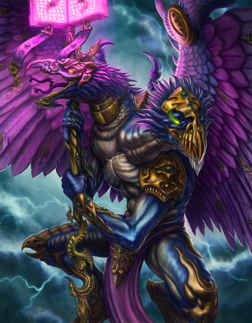 1boy absurdres armor beak bird_legs blue_skin bmurphy book bracelet chaos_(warhammer) cloud cloudy_sky colored_skin commentary demon english_commentary feathered_wings feathers gem glowing glowing_eyes gold_armor gold_bracelet gold_headdress gold_necklace gold_trim green_eyes green_gemstone grimoire highres holding holding_scepter holding_weapon jewelry kairos_(warhammer) lightning lord_of_change necklace open_mouth pelvic_curtain red_eyes ring scepter sharp_tongue sky solo tongue tongue_out two-headed_bird warhammer_40k weapon wings