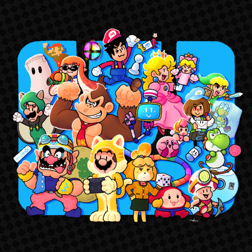 6+boys 6+girls :o absurdres amiibo animal_crossing animal_ears arms_up backpack bag bell belt belt_buckle big_nose black_background black_eyes black_leggings black_shirt black_skirt blonde_hair blue_eyes blue_footwear blue_headwear blue_overalls blue_shirt blush_stickers bow bowtie brown_bag brown_belt brown_footwear brown_hair buckle buttons cabbie_hat captain_toad carrying cat_mario cat_peach character_request clenched_hand clenched_hands closed_mouth collared_shirt colored_eyelashes colored_skin controller cosplay crown dancing denim denim_jacket diamond_(gemstone) donkey_kong dress earrings elbow_gloves elline_(kirby) envelope facial_hair fairy_wings fingerless_gloves floppy_disk flower flying_squirrel_luigi flying_sweatdrops frown frozen furry furry_female furry_male game_console game_controller gem glasses gloves goggles goggles_on_headwear green_headwear green_jacket green_overalls green_shirt green_tunic gun half-closed_eyes hand_on_own_hip hand_puppet hat headlamp helmet high_heels highres holding holding_controller holding_dice holding_envelope holding_game_controller holding_gem holding_gun holding_pencil holding_pickaxe holding_sack holding_shield holding_sword holding_weapon inkling inkling_girl isabelle_(animal_crossing) jacket jewelry jingle_bell jradical2014 kirby kirby_(series) kirby_and_the_rainbow_curse koopa_troopa leggings letter light_frown link lipstick long_dress long_hair long_sleeves luigi makeup mario mario_(cosplay) mario_(series) mechanical_arms mii_(nintendo) miiverse miniskirt money_bag multicolored_hair multiple_boys multiple_girls mustache neckerchief necktie new_super_mario_bros._u nintendo open_clothes open_jacket open_mouth orange_hair overalls pants pencil pickaxe pikmin_(creature) pikmin_(series) pikmin_3 pink_dress pink_lips pink_nose pink_pants pink_shirt pocket pointing pointing_at_self pointy_ears pointy_footwear pointy_hat princess_peach puffy_cheeks puppet rainbow_hair raised_eyebrow red-framed_eyewear red_belt red_bow red_bowtie red_footwear red_headwear red_neckerchief red_necktie red_pikmin red_shirt red_skin robot round_eyewear sack shield shirt shoes short_hair short_ponytail short_sleeves signature single_mechanical_arm skirt smash_ball solid_oval_eyes sphere_earrings splatoon_(series) splatoon_1 squirrel_ears super_mario_3d_world super_smash_bros. swapnote sweatdrop sword teeth thick_eyebrows tongue toon_link turtle turtleneck twintails upper_teeth_only v-shaped_eyes walking wario warioware weapon weapon_request white_flower white_gloves white_shirt white_wings wii_remote wii_u wii_u_gamepad wings writing yarn yarn_ball yellow_gloves yellow_headwear yellow_jacket yellow_pikmin yellow_skin yoshi yoshi's_woolly_world