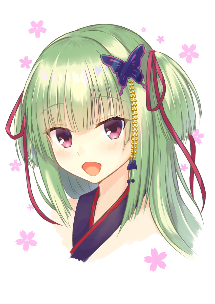 1girl :d absurdres black_hair blunt_bangs blunt_ends blush butterfly_hair_ornament cherry_blossom_print close-up commentary criss-cross_halter eyelashes floral_print green_hair hair_ornament hair_ribbon halterneck happy highres hime_cut long_hair looking_at_viewer murasame_(senren) open_mouth red_eyes red_ribbon rgrey00 ribbon senren_banka sidelocks simple_background smile straight_hair two_side_up white_background