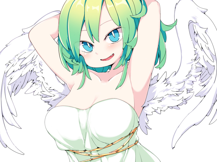 1girl :d angel armpits arms_up blush breasts fang frfr green_hair highres large_breasts looking_at_viewer medium_hair original simple_background smile solo strapless upper_body white_background wings