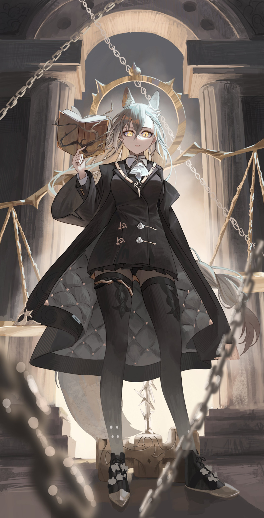 1girl absurdres animal_ear_fluff animal_ears arknights ascot asymmetrical_bangs black_coat black_footwear black_jacket black_skirt black_thighhighs blurry blurry_foreground book braid chain closed_mouth coat collared_shirt commentary full_body grey_hair hair_between_eyes highres holding holding_book jacket long_hair long_sleeves looking_at_viewer maakun_(maakun40) off_shoulder open_clothes open_coat panties parted_bangs penance_(arknights) pleated_skirt shirt skirt solo standing tail thighhighs underwear very_long_hair white_ascot wide_sleeves wolf_ears wolf_girl wolf_tail yellow_eyes