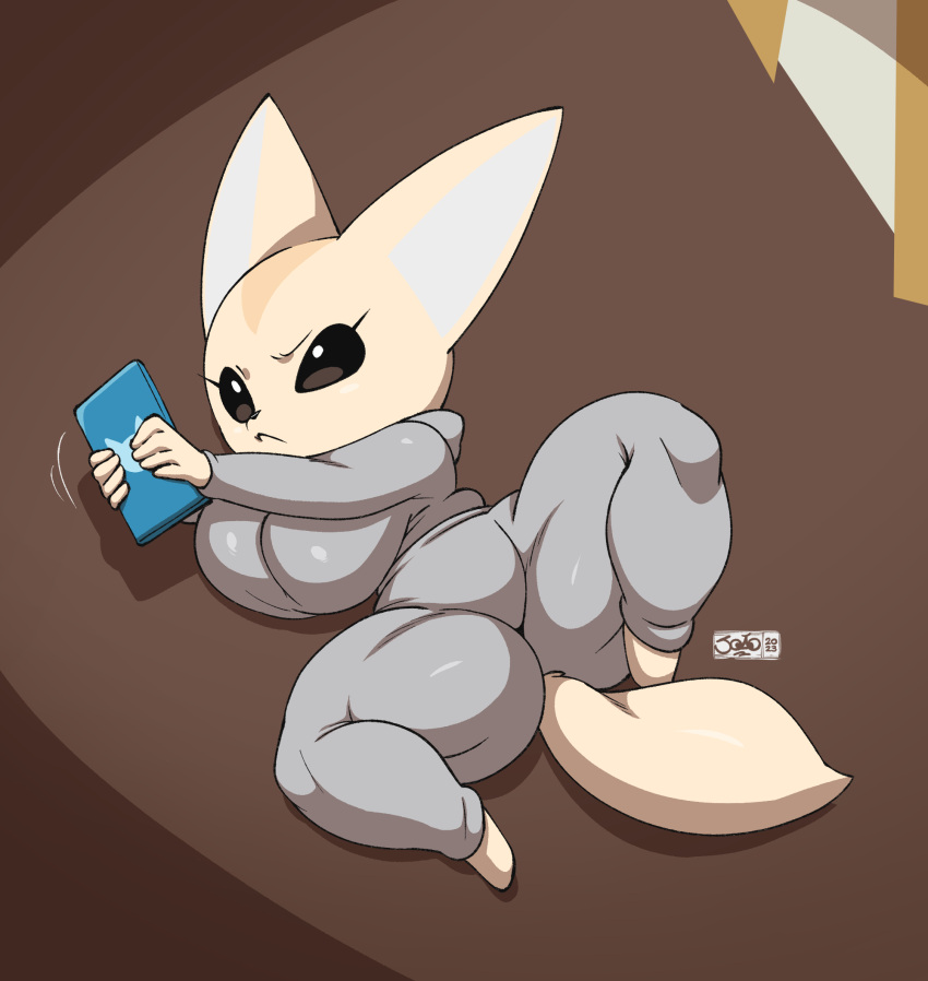 2023 aggressive_retsuko anthro big_breasts breasts canid canine clothed clothing eyelashes female fennec fenneko fox hi_res holding_object holding_phone joaoppereiraus lying mammal on_back phone sanrio signature solo tail thick_thighs