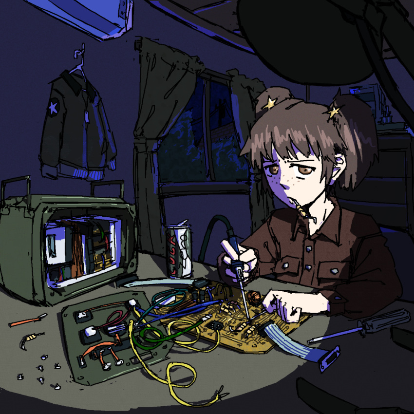 1girl alisa_(girls_und_panzer) alternate_costume bedroom bomber_jacket brown_eyes brown_hair brown_shirt cable can chest_of_drawers circuit_board clothes_hanger collared_jacket collared_shirt computer_chip curtains desk_lamp emblem field_radio freckles frown girls_und_panzer hair_ornament highres holding indoors jacket lamp night open_window pantsu-ripper radio repairing ribbon_cable saunders_military_uniform screw screwdriver shirt short_hair short_twintails soda_can soldering soldering_iron solo star_(symbol) star_hair_ornament tools twintails very_short_hair window wire