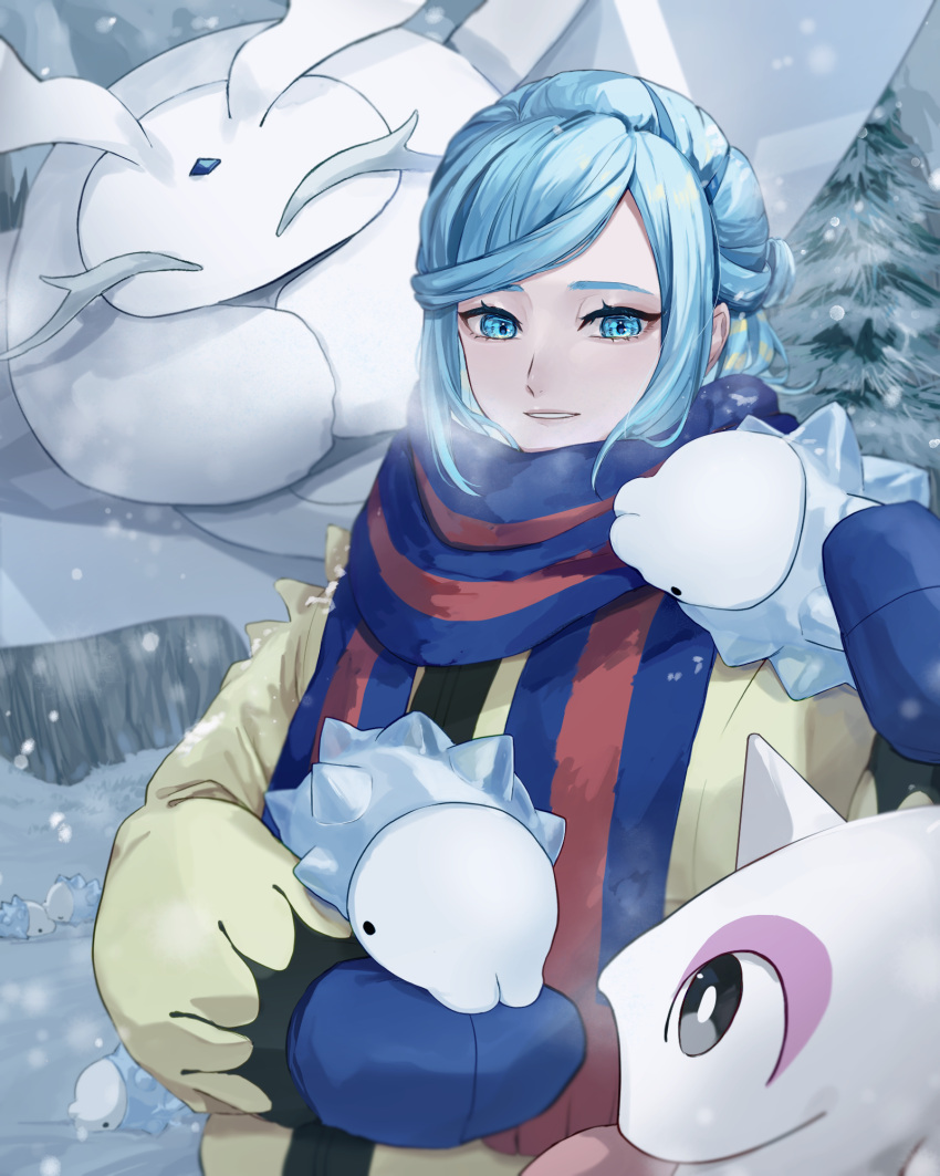 1boy blue_hair blue_mittens blue_scarf breath cetoddle commentary day evolutionary_line frosmoth grusha_(pokemon) hand_up highres holding holding_pokemon jacket long_sleeves looking_at_viewer male_focus on_shoulder outdoors parted_lips pokemon pokemon_(creature) pokemon_(game) pokemon_on_shoulder pokemon_sv scarf smile snom snowing striped striped_scarf su_hare tree yellow_jacket