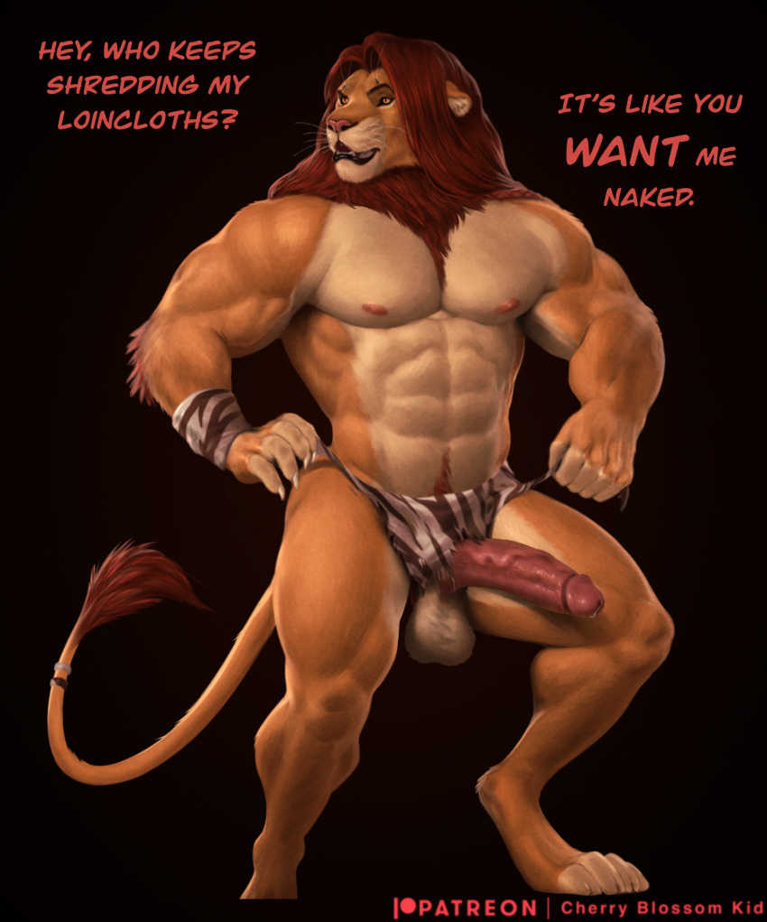 2023 abs anthro balls biped black_background bottomwear bulge cherry_blossom_kid claws clothing digital_media_(artwork) digitigrade disney english_text erection felid finger_claws fur genitals hair hi_res humanoid_genitalia humanoid_penis lion loincloth male mammal mane muscular muscular_anthro muscular_male nipples open_mouth orange_body orange_fur pantherine paws pecs penis red_hair red_mane simba_(the_lion_king) simple_background solo standing step_pose tail tail_tuft tan_body tan_fur text the_lion_king torn_loincloth tuft whiskers yellow_eyes