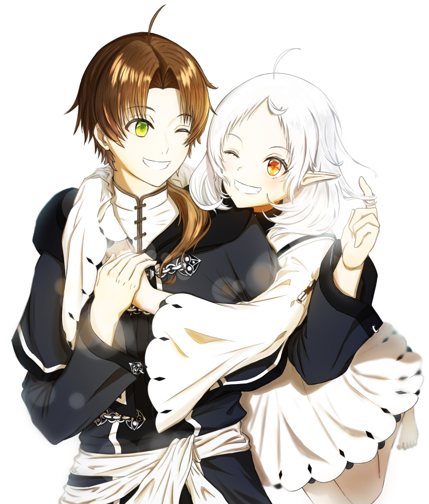 1boy 1girl ahoge black_robe brown_hair couple dress elf es_limi green_eyes grin hetero highres hug hug_from_behind husband_and_wife medium_hair mushoku_tensei one_eye_closed orange_eyes pointy_ears ponytail robe rudeus_greyrat smile sylphiette_(mushoku_tensei) white_background white_dress white_hair