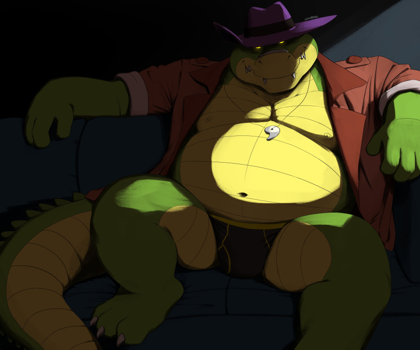 2023 absurd_res anthro belly brok_(character) brok_the_investigator bulge clothing detailed_background furniture green_body hat headgear headwear hi_res humanoid_hands kemono male moobs musclegut navel nipples nookdae overweight overweight_male sitting sofa solo underwear