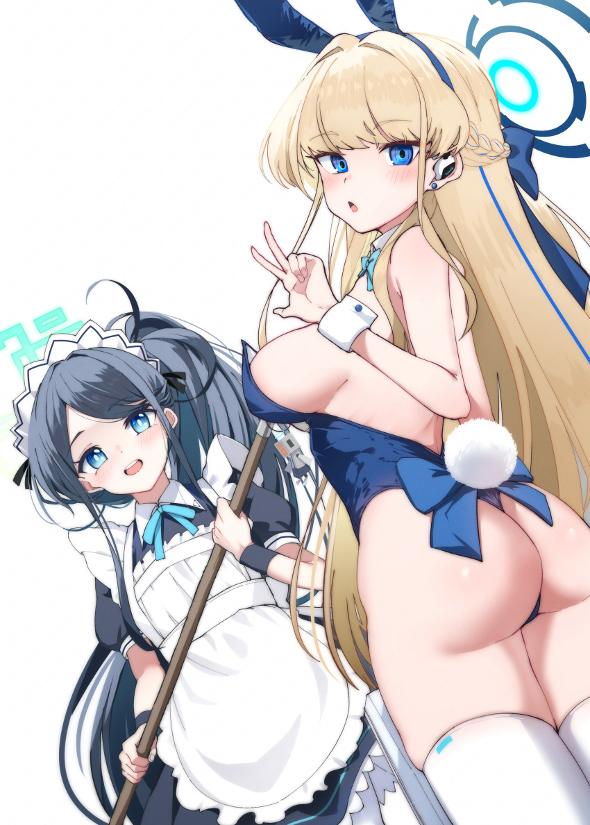 2girls 96nokimihito absurdly_long_hair absurdres animal_ears apron aqua_ribbon aris_(blue_archive) aris_(maid)_(blue_archive) ass black_dress black_hair black_wristband blonde_hair blue_archive blue_eyes blue_halo blue_leotard blush bow bowtie breasts detached_collar dress earpiece fake_animal_ears frilled_apron frills halo highres holding holding_mop leotard long_hair looking_at_viewer maid maid_apron maid_headdress medium_breasts mop multiple_girls official_alternate_costume open_mouth playboy_bunny puffy_short_sleeves puffy_sleeves rabbit_ears ribbon short_sleeves smile thighhighs thighs toki_(blue_archive) toki_(bunny)_(blue_archive) v very_long_hair white_apron white_thighhighs wrist_cuffs