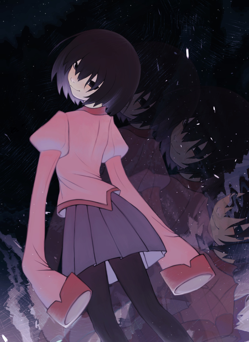 1girl absurdres arms_at_sides black_background black_eyes black_hair black_pantyhose blush bob_cut closed_mouth colored_inner_hair empty_eyes feet_out_of_frame from_behind hair_between_eyes head_tilt highres long_bangs long_hair long_sleeves looking_at_viewer looking_back monogatari_(series) multicolored_hair naoetsu_high_school_uniform nose nose_blush oshino_ougi pale_skin pantyhose pink_shirt pink_skirt pleated_skirt puffy_sleeves purple_hair purple_skirt school_uniform shards shirt short_hair skirt sleeves_past_fingers sleeves_past_wrists smile solo standing usateii very_long_hair zoom_layer