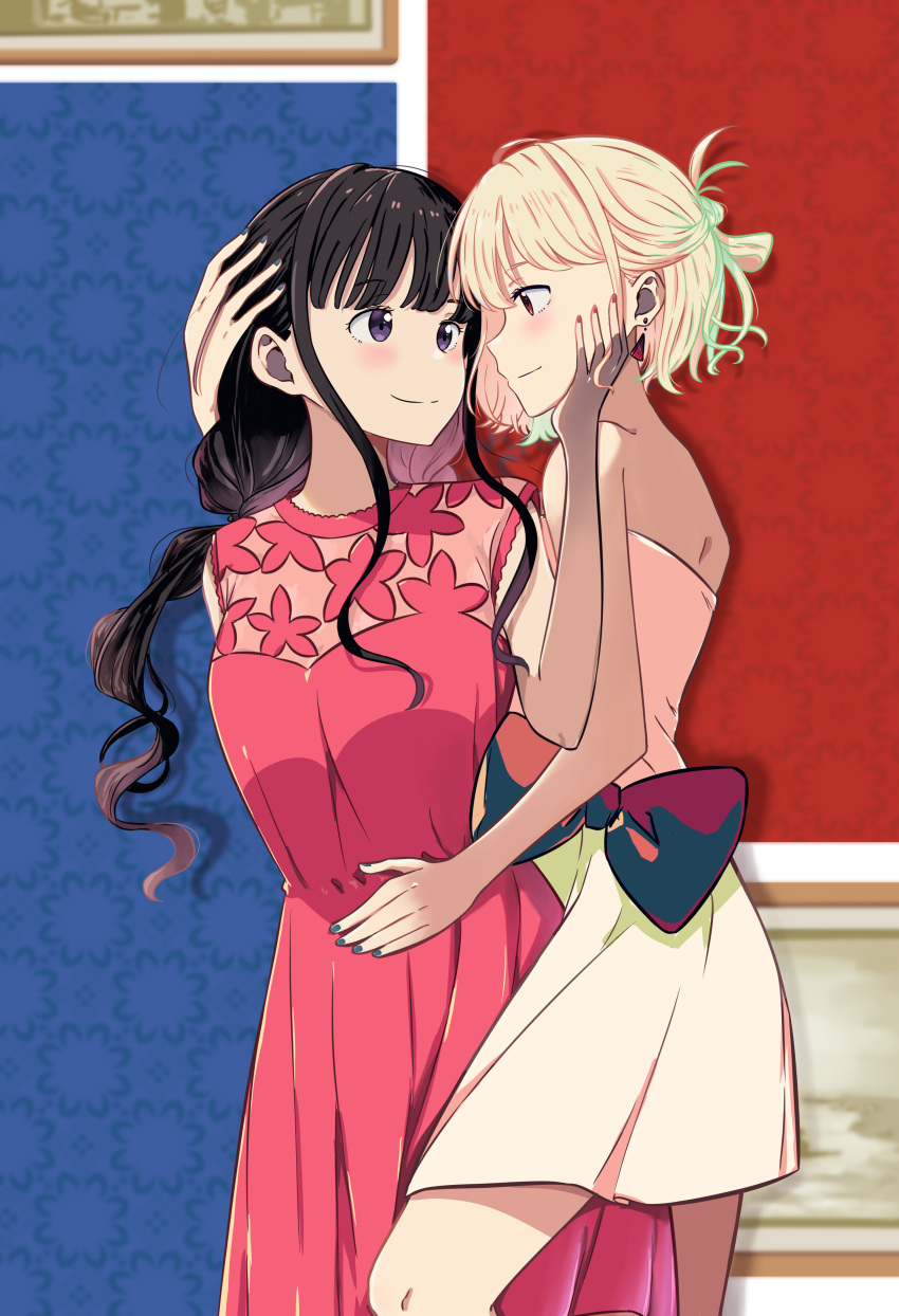 2girls absurdres aqua_nails black_hair blonde_hair blush bow chai_haru closed_mouth commentary_request cowboy_shot dress earpiece earrings eye_contact hand_on_another's_cheek hand_on_another's_face hand_on_another's_head highres hug inoue_takina jewelry long_hair looking_at_another low_twintails lycoris_recoil manicure multiple_girls nail_polish nishikigi_chisato official_alternate_costume one_side_up pleated_dress purple_eyes red_dress red_eyes red_nails short_hair short_sleeves sidelocks smile strapless strapless_dress twintails white_dress yuri