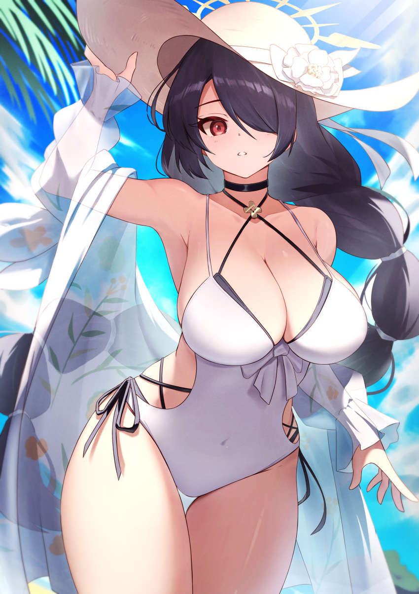 1girl :o absurdres arm_up armpits asymmetrical_bangs bikini black_bikini black_choker black_hair blue_archive blush breasts choker cleavage clothing_cutout covered_navel criss-cross_halter eiryu33 hair_over_one_eye halo halterneck hand_on_headwear hat highres hinata_(blue_archive) hinata_(swimsuit)_(blue_archive) large_breasts long_hair looking_at_viewer official_alternate_costume one-piece_swimsuit one_eye_covered outdoors red_eyes side-tie_bikini_bottom side_cutout solo sun_hat swimsuit thigh_gap very_long_hair white_one-piece_swimsuit