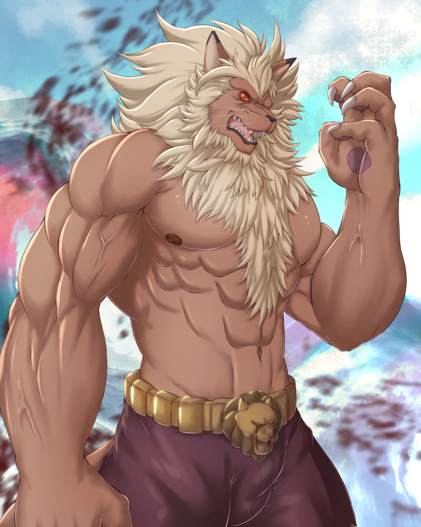 2023 5_fingers abs anthro beast_king_(one-punch_man) belt black_nose blonde_mane bottomwear chibikoma clothed clothing felid fingers fur hi_res humanoid_hands lion male mammal mane mountain muscular muscular_anthro muscular_male navel nipples one-punch_man one_(manga) open_mouth pantherine pants pecs snow solo tan_body tan_fur teeth tongue topless topless_anthro topless_male