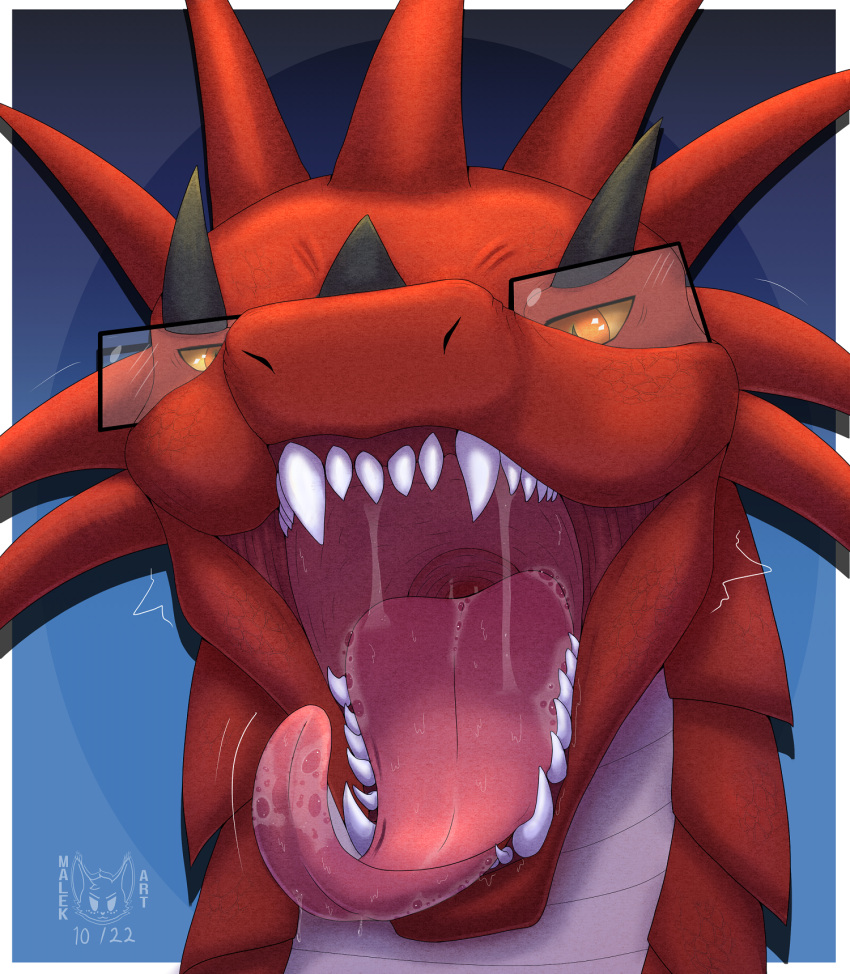anthro bodily_fluids digital_drawing_(artwork) digital_media_(artwork) dragon eyewear glasses hi_res horn male malekart mouth_shot open_mouth red_body saliva scalie shaded signature simple_background smile solo teeth teeth_showing tongue tongue_out