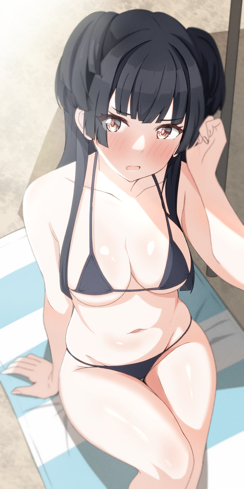 1girl absurdres arm_support bikini black_bikini black_hair blush breasts cleavage collarbone feet_out_of_frame groin halterneck highres idolmaster idolmaster_shiny_colors looking_at_viewer mat mayuzumi_fuyuko medium_breasts musha_no_kozi navel nose_blush sitting solo stomach swimsuit two_side_up