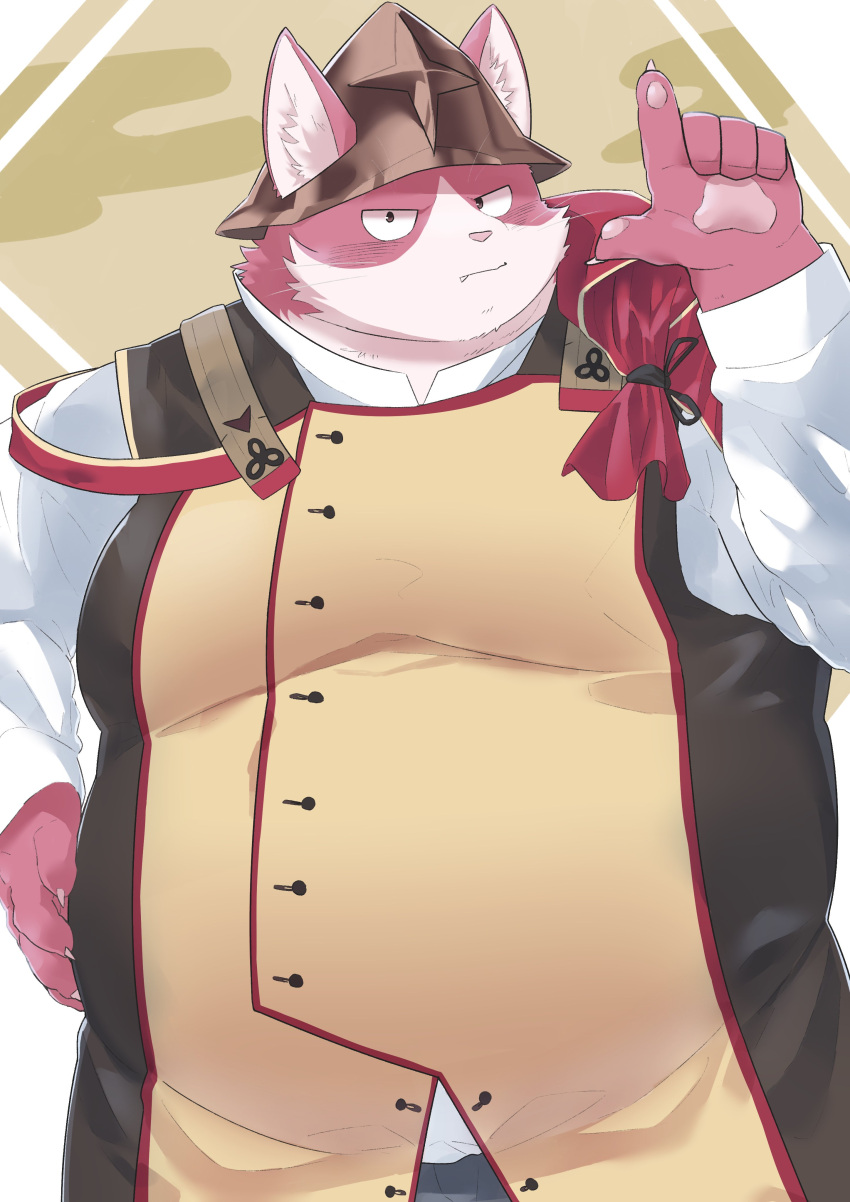 2023 5_fingers absurd_res anthro belly big_belly clothed clothing domestic_cat en_1_9 felid feline felis fingers hat headgear headwear hi_res humanoid_hands kemono male mammal overweight overweight_male pink_body solo tamacolle