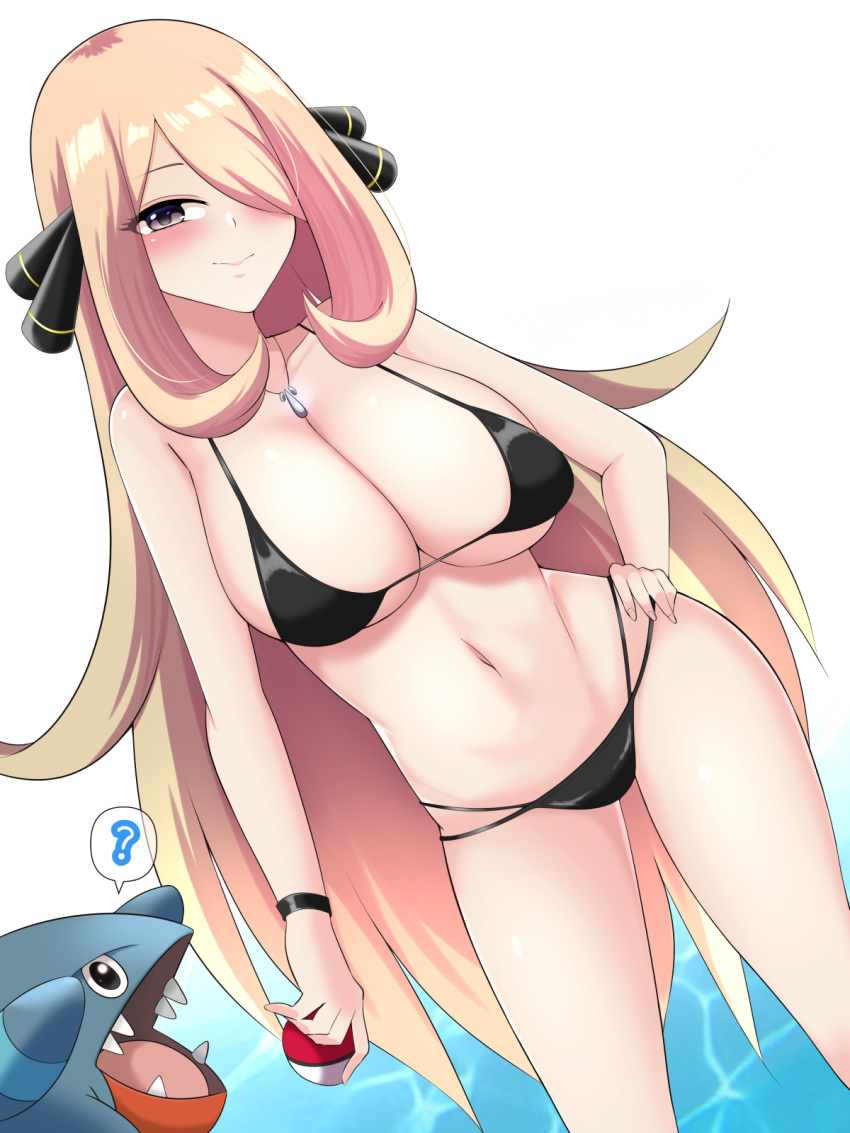 1girl ? bikini black_bikini blonde_hair blush breasts closed_mouth cynthia_(pokemon) gible grey_eyes hair_ornament hand_on_own_hip highres holding holding_poke_ball jewelry kurorettsu large_breasts long_hair looking_at_viewer navel pendant poke_ball poke_ball_(basic) pokemon pokemon_(creature) pokemon_(game) pokemon_dppt spoken_question_mark stomach swimsuit very_long_hair water wristband