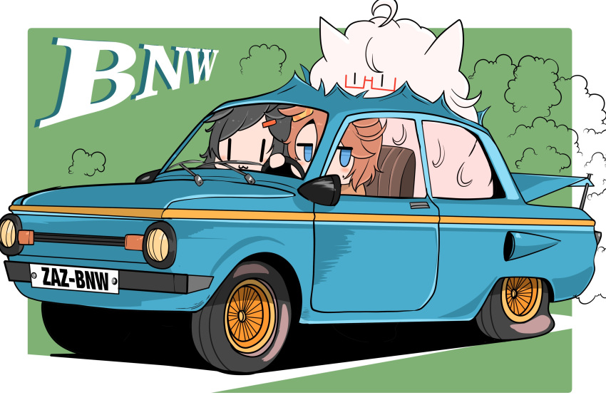 3girls :3 absurdres ahoge animal_ears biwa_hayahide_(umamusume) black_hair blue_car blue_eyes bnw_(umamusume) brown_hair car chibi flat_tire glasses hair_ornament hairclip highres horse_ears horse_girl motor_vehicle multiple_girls narita_taishin_(umamusume) smoke tf_cafe umamusume vehicle_focus white_hair winning_ticket_(umamusume) zaporozhets_zaz-968 |_|