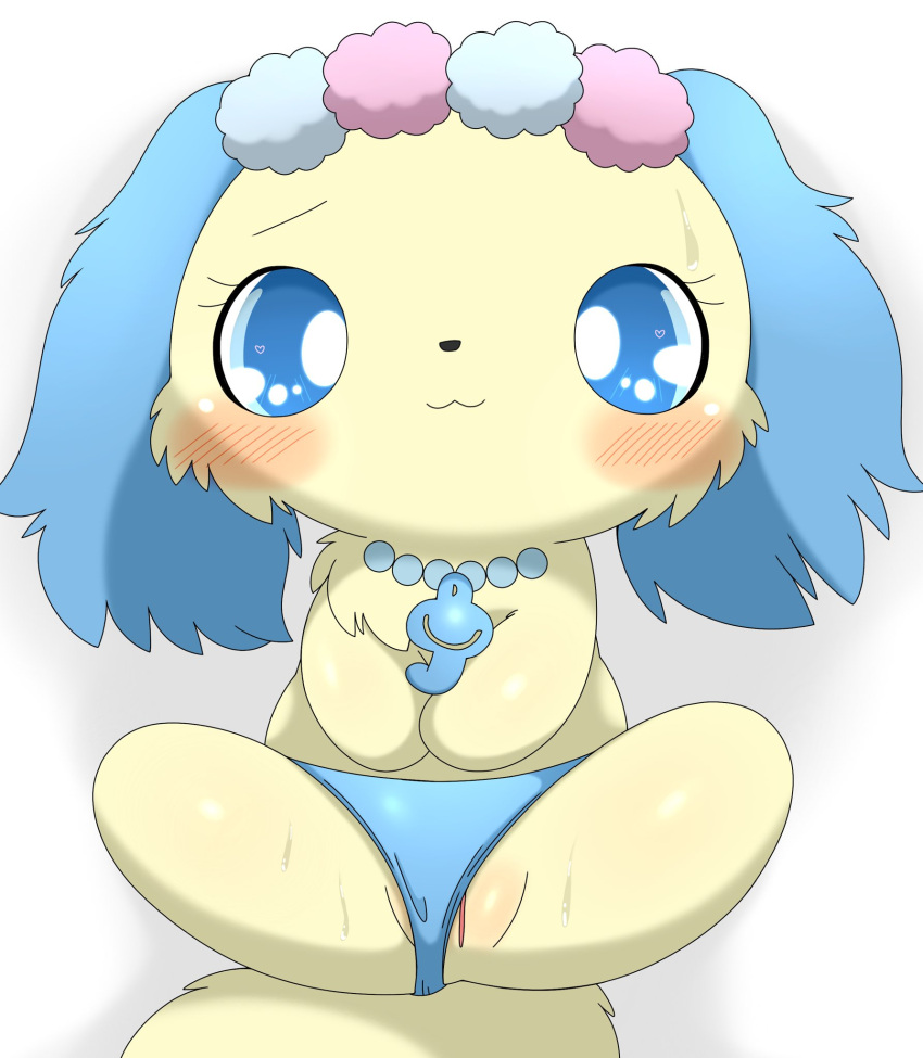 anthro azuo blue_clothing blue_eyes blue_hair blue_panties blue_underwear blush bodily_fluids canid canine canis clothed clothing domestic_dog female fur genitals hair hi_res jewelpet jewelry lying mammal necklace on_back panties plump_labia pussy sanrio sapphie sega_toys simple_background solo sweat underwear white_background yellow_body yellow_fur