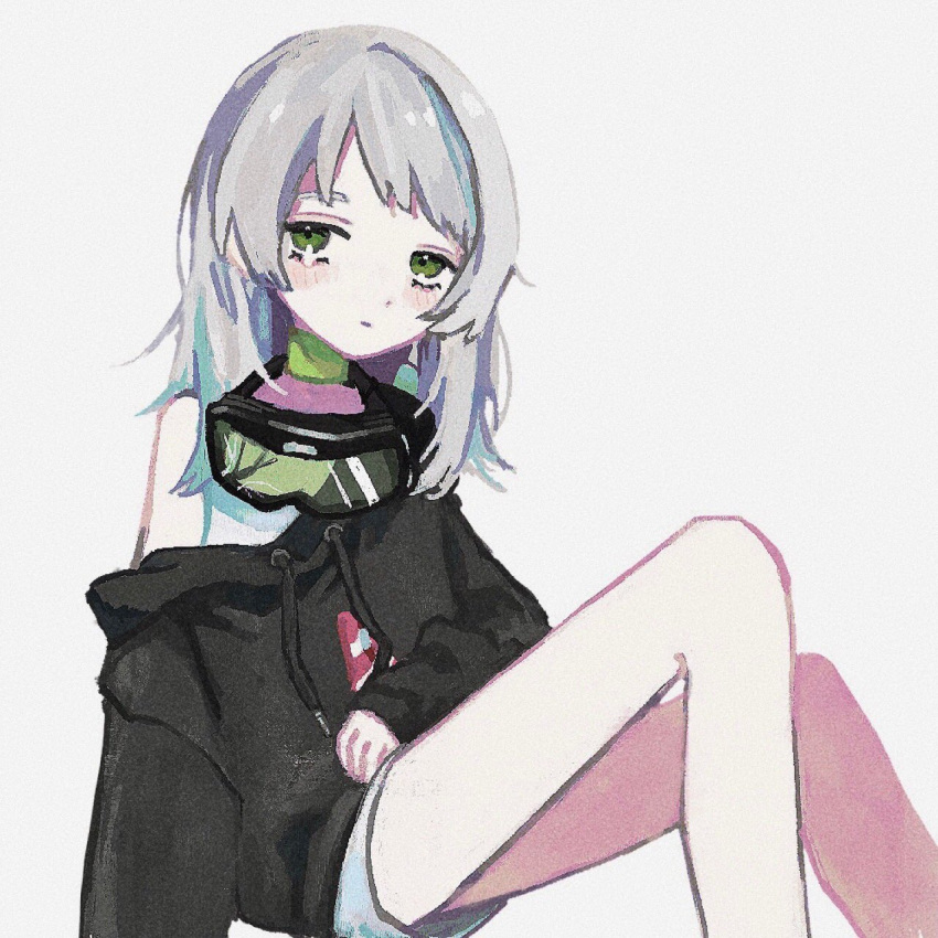1girl black_hoodie blush broken_eyewear closed_mouth collar commentary_request dress expressionless feet_out_of_frame fuyuu_rei goggles goggles_around_neck green_collar green_eyes grey_hair half-closed_eyes hand_on_lap highres hood hood_down hoodie knees_up long_hair long_legs long_sleeves looking_at_viewer nakya_(tanakya_sss) off_shoulder short_dress sitting sleeveless sleeveless_dress solo tearing_up utau white_background white_dress