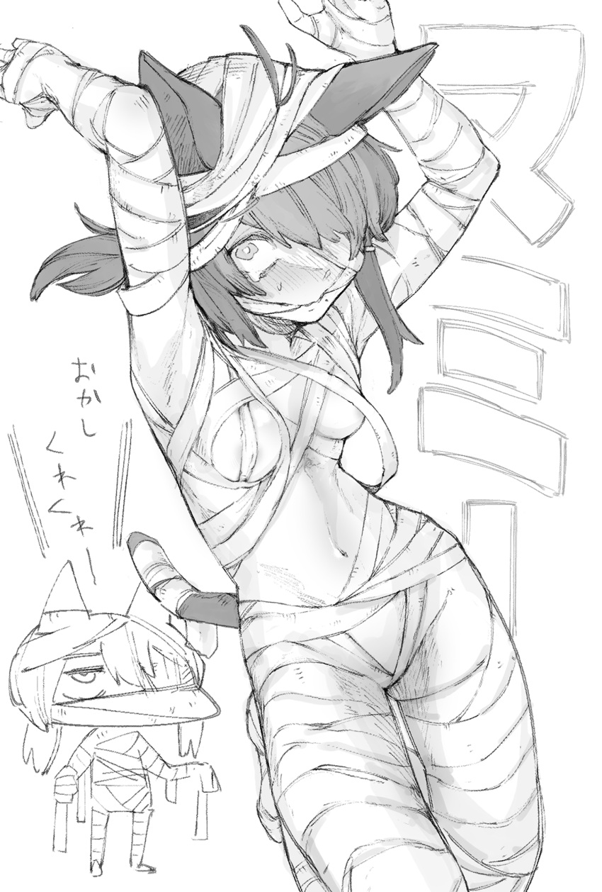 1girl animal_ears armpits arms_up bandage_over_one_eye bandages biting blush breasts cat_ears cat_girl cat_tail chibi chibi_inset closed_mouth embarrassed greyscale halloween halloween_costume highres legs_folded looking_at_viewer medium_breasts monochrome mummy_costume naked_bandage navel original shiro_iku short_hair simple_background sweatdrop tail tearing_up tears white_background