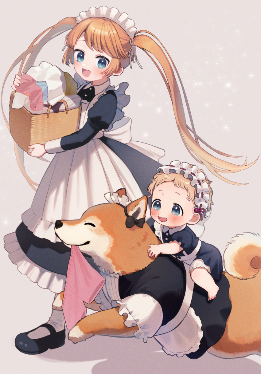 1girl 1other ^_^ animal apron baby basket black_dress black_footwear blonde_hair blue_eyes blush closed_eyes closed_mouth clothed_animal collared_dress commentary_request dog dress ear_bow frilled_apron frills from_side furukawa_raku grey_background highres holding holding_basket juliet_sleeves laundry_basket long_hair long_sleeves looking_at_animal looking_down looking_to_the_side maid maid_apron maid_headdress mary_janes mouth_hold open_mouth orange_hair original pantyhose pink_shorts puffy_short_sleeves puffy_sleeves ribbon_trim riding running shiba_inu shoes short_hair short_sleeves shorts shorts_removed sidelocks swept_bangs twintails very_long_hair waist_apron walking white_apron white_pantyhose